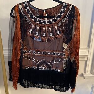 Alberta Ferretti Black and Brown Fringe Blouse
